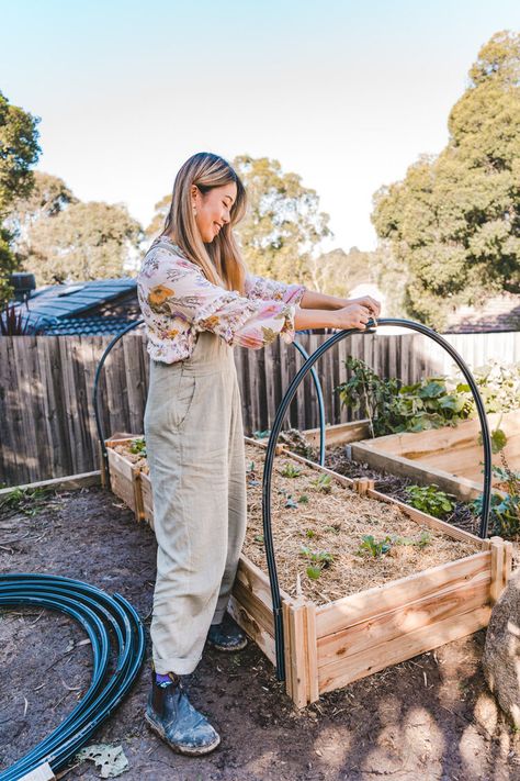 How to build an easy DIY Netting Structure for Your Raised Veggie Bed! — CONNIE AND LUNA Garden Bed Protection Diy, Raised Garden Bed Covers Diy, Covering Raised Garden Beds, Diy Greenhouse For Raised Beds, Raised Bed Greenhouse Cover, Diy Garden Cover Raised Beds, Greenhouse Beds Raised Gardens, Raised Bed Hoop Cover, Veggie Garden Cover