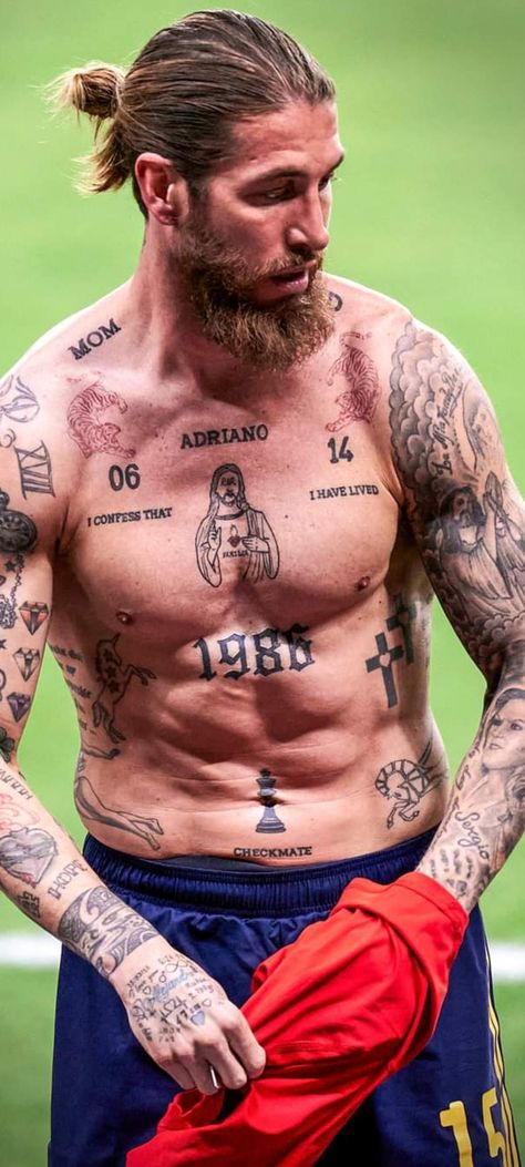 Football Players Tattoos, Sergio Ramos Tattoo, Sergio Ramos Tattoos, Jesus Chest Tattoo, Soccer Player Tattoos, Ramos Tattoo, Soccer Tattoos, Tattoo On Chest, Sport Tattoos