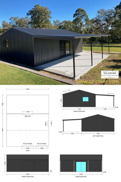 Shed With Awning, Shed Drawing, Garage Shed Ideas, Colorbond Shed, Steel Shed Ideas, Metal Shed Ideas, Commercial Steel Buildings, Steel Garage Buildings, Contemporary Sheds