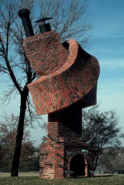 twisted-chimney-Dennis-Oppenheim Brick Sculpture, Architecture Cool, Architecture Unique, Unusual Buildings, Brick Oven, Unusual Homes, Interesting Buildings, Amazing Buildings, Unique Buildings