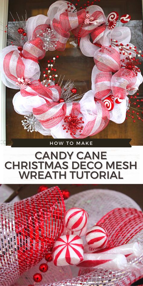 Deco Mesh Christmas Wreaths Diy, Easy Mesh Wreath, Mesh Candy Cane Wreath, Mesh Candy Cane, Deco Mesh Wreath Tutorial, Diy Christmas Deco, Christmas Deco Mesh Wreath, Christmas Deco Mesh, Making Mesh Wreaths