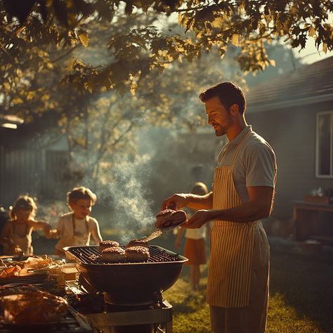 #FamilyBarbecueTime: A man expertly grills burgers as children watch eagerly in a sunlit backyard during #summer2023. #BBQseason #grillmaster #familytime #outdoorcooking #aiartwork #aiphotography #stockphotography ⬇️ Download and 📝 Prompt 👉 https://stockcake.com/i/family-barbecue-time_1202481_808955 Barbeque With Friends, Family Barbeque Aesthetic, Family Bbq Aesthetic, Black Family Bbq Aesthetic, Barbecue Photography Food Styling, Barbecue Burgers, Summer Burgers, Green Backyard, Family Bbq