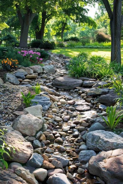 Create a rock garden with drought-resistant plants, succulents, and stones for a low-maintenance, modern look. Mountain Rocks Landscape, Water Feature With Rocks, Stream Landscaping, Dry Riverbed Landscaping, Large Rock Landscaping Ideas, Dry Stream, Rock Flower Beds, Stone Walls Garden, Drainage Ditch