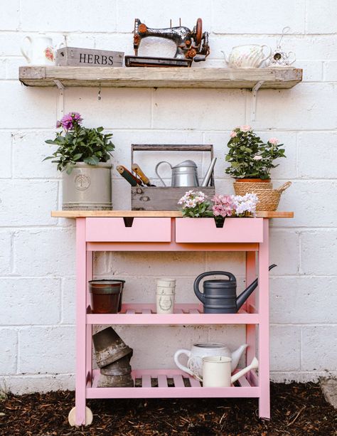 Ikea Garden Ideas, Ikea Garden Hack, Dainty Diaries, Ikea Forhoja, Paint Garden Pots, Ikea Garden, Potting Station, Garden Station, Millenial Pink