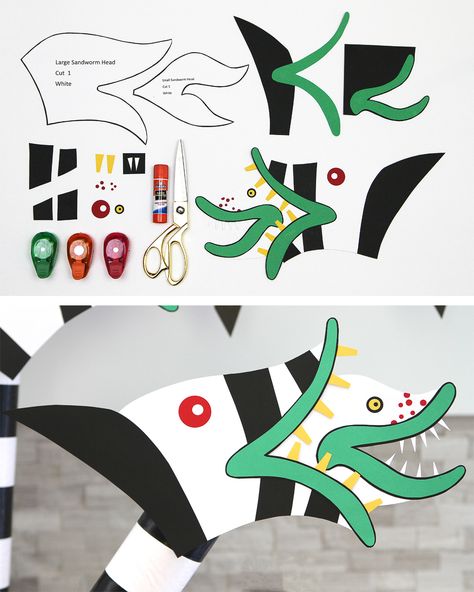 DIY Sandworms of Saturn Decoration | Party Ideas & Activities by Wholesale Party Supplies Beetlejuice Christmas Decorations, Beetle Juice Craft Ideas, Beetlejuice Cubicle Decorations, Beetlejuice Snake Diy, Beetlejuice Crafts For Kids, Beetlejuice Classroom Door, Beetle Juice Door Decorations, Sand Snake Beetlejuice, Beetle Juice Decorations Diy