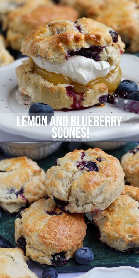 Delicious and fresh lemon and blueberry scones with clotted cream and lemon curd. Lemon Curd Breakfast, Lemon Curd Scones, Lemon Curd Breakfast Ideas, Best Blueberry Scones, Jane Patisserie, Lemon Blueberry Scones, Blueberry Scone, Blueberry Lemon Scones, Breakfast Scones