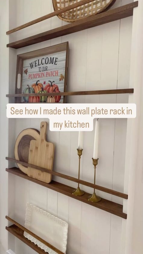 Jenna & Leo | This blank wall in our kitchen was the perfect spot for a wall plate rack. I love how this project turned out and am thrilled with the... | Instagram Hanging Plates In Kitchen, Blank Kitchen Wall Ideas Decor, Kitchen Wall Organization, Diy Plate Display Rack, Plates Above Window, Wall Mounted Plate Rack, Plate Shelf Display, Kitchen Wall Shelf Decor Ideas, Vintage Kitchen Wall Decor Ideas