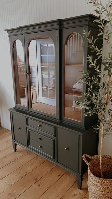 Kitchen Accent Furniture, Back Door Foyer Ideas, Green China Cabinet Makeover, Olive Green China Cabinet, China Cabinet Redo With Wallpaper, Dark Green China Cabinet, Refurbished China Cabinet Farmhouse, Green Hutch Makeover, Refinish China Cabinet