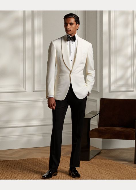 White Blazer Men, Formal Suits Men, Off White Mens, Wedding Suits Groom, Button Outfit, Dinner Jacket, Tuxedo Wedding, Tuxedo Shirts, Tuxedo For Men