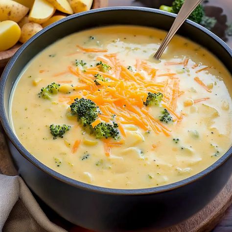 Cheddar Broccoli Potato Soup Recipe - sandyrecipes.com Cheesy Potato And Broccoli Soup, Cheddar Brocolli Potato Soup, Broccoli And Potato Soup Crockpot, Potatoe Broccoli Cheddar Soup, Cheesy Potato Broccoli Soup, Simple Broccoli Cheddar Soup, Broccoli Cheddar Potato Soup Crockpot, Crock Pot Potato Broccoli Cheddar Soup, Loaded Broccoli Potato Soup