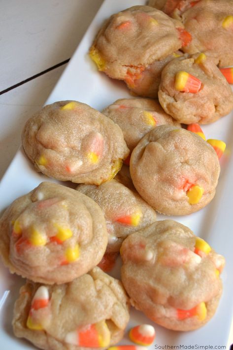 Soft & Chewy Candy Corn Cookies Halloween Desserts With Candy Corn, Halloween Potluck Desserts, Halloween Cookies Aesthetic, Candy Corn Halloween Costume, Candy Corn Sugar Cookies, Candy Corn Costume, Candy Corn Pumpkin, Soft Batch, Corn Cookies