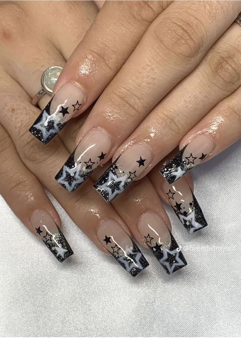 Black Acrylic Nails, Punk Nails, Goth Nails, Grunge Nails, Unique Acrylic Nails, Star Nails, Funky Nails, Pretty Acrylic Nails, Dope Nails