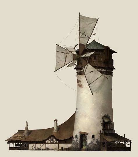 Medieval Builds, Steampunk Rpg, Western Architecture, Cloud House, Windmill House, Medieval Buildings, Old Windmills, Windmill Design, New Architecture