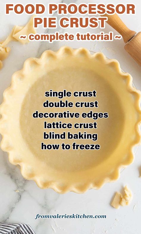 This Easy Food Processor Pie Crust recipe is a quick method that will save you precious time and effort during the holiday baking season. This tried and true method results in a perfect flaky pie crust every time! This tutorial covers everything from making and shaping pie crust, blind baking, freezing, and creating a pretty lattice crust. You'll want to bookmark this post so you can easily find it each holiday! Ina Garden Pie Crust Recipe, No Fuss Pie Crust 12 Tomatoes, Lattice Pie Crust How To, Pie Crust Without Butter, Best Flaky Pie Crust Recipe, Pie Crust In Food Processor, How To Make Pie Crust, Raisin Pie Recipe Easy, 7 Up Pie Crust Recipe