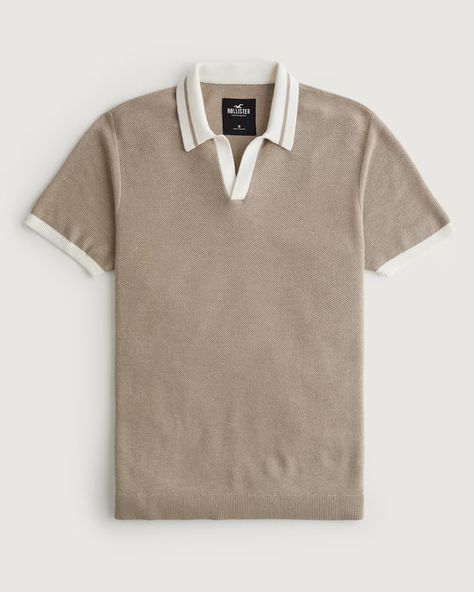 Men's Johnny Collar Sweater Polo | Men's Tops | HollisterCo.com Sweater Polo, Johnny Collar, Geo Pattern, Aesthetic T Shirts, Men's Tops, Contrast Collar, Collar Sweater, Pattern Sweater, Softest Sweater