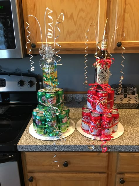 Soda/liquor cake tower- ginger ale with absolute and coke with captain Morgan Soda Cake Tower, Soda Bouquet Diy, Drink Cake Tower, Booze Basket Ideas Fun, Alcohol Present Ideas, Alcohol Cake Tower, Soda Can Cake Tower, Alcohol Tower, Drink Tower