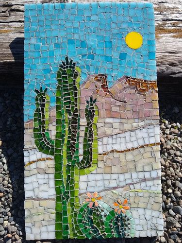 Cactus Mosaic Ideas, Southwest Mosaic Patterns, Mosaic Desert Scene, Desert Mosaic Ideas, Mosaic Cactus, Mosaic Cactus Patterns, Cactus Mosaic, Mountain Mosaic, Paper Mosaic Art Ideas