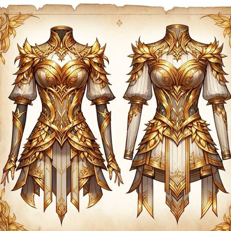 Gold Fantasy Outfit, Golden Armor Female, Angel Outfit Drawing, Sun Armor, Fantasy Angels, Sun Queen, Golden Armor, Magic Clothes, Gold Armor