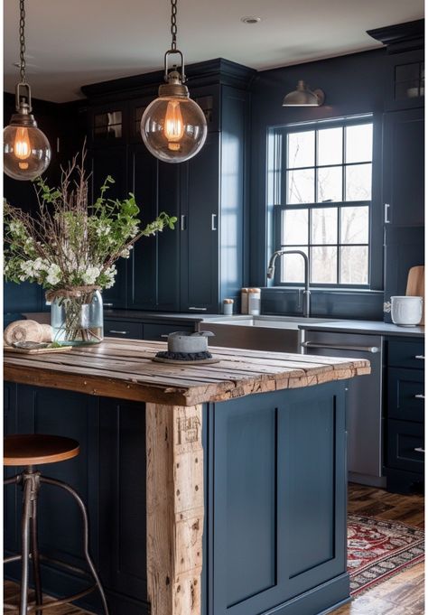 Pendant Lights In Dark Kitchen, Dark Blue Green Kitchen Cabinets, Deep Blue Cabinets Kitchen, Wood And Blue Kitchen, Dark Blue Cabinets Kitchen, Dark Blue Kitchen Island, Blue And Wood Kitchen, Dark Shaker Kitchen, Blue Island Kitchen