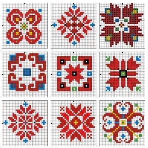 Folk Embroidery Patterns, Punto Fair Isle, Modern Folk Embroidery, Cross Stitch Necklace, Cross Stitch Border Pattern, Cross Stitch Geometric, Modern Folk, Redwork Embroidery, Pola Kristik