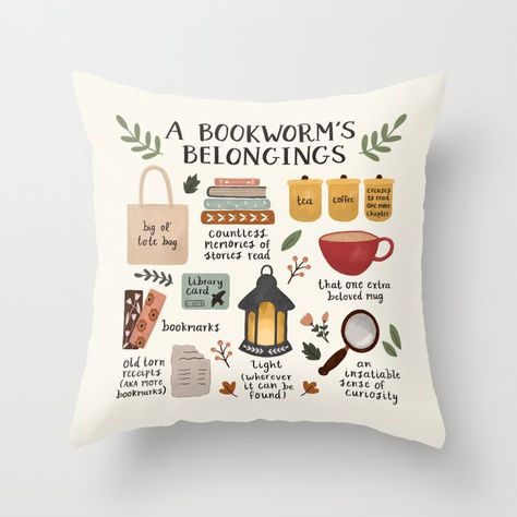 A Bookworm's Belongings Throw Pillow by ohjessmarie | Society6 Reading Library, Read More Books, Literary Gifts, Library Card, Pillow Designs, Sofa Cushion Covers, Unique Throw Pillows, Printed Throw Pillows, Outdoor Throw Pillows