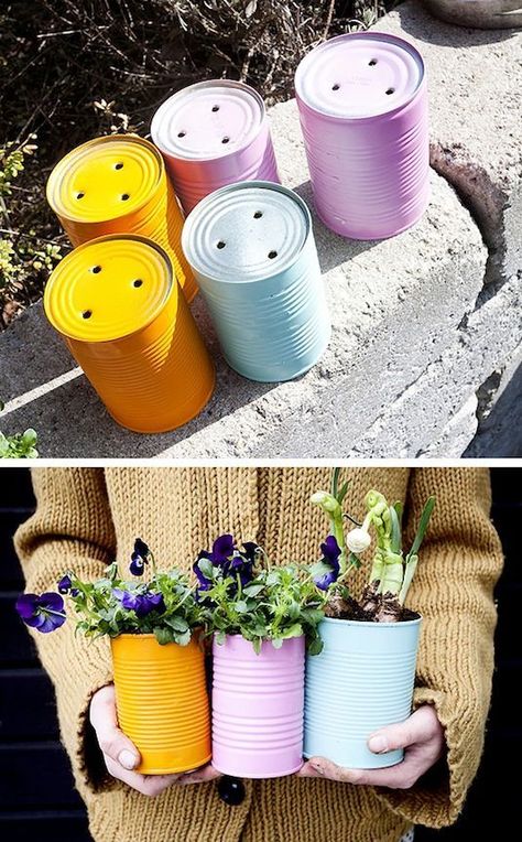 14. Tin Can Planters There are always an abundance of tin cans, and they make for cute gifts! I like this idea as a teacher’s gift. You could even write a special message on the outside. Diy Balcony, نباتات منزلية, Tin Can Crafts, Tin Cans, Tin Can, Small Garden, Herb Garden, Garden And Yard, Garden Projects