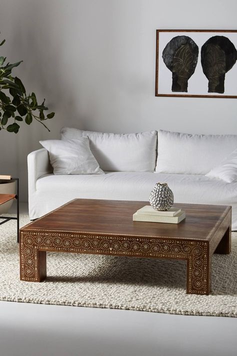 Mistakes Guys Make When Decorating To Impress Women | Laurel Home - wonderful large coffee table from Wisteria. I think this would be so handsome in a bachelor pad! Hindu Decor, Mexico Villa, Tea Table Design, Hanging Furniture, Table Square, Moroccan Interiors, Square Coffee Table, Rose Wood, African Decor