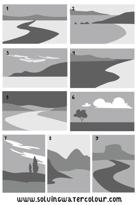 Landscape Composition Drawing, Simple Background Art Ideas, Landscape Thumbnail Sketches, How To Sketch Landscapes Step By Step, How To Draw A Landscape Step By Step, Landscape Art Tips, Notan Landscape, How To Color Backgrounds, Simple Landscape Reference