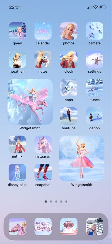 #barbie #winter #aesthetic #homescreen #barbiestyle #barbiegram #snowy Barbie Widget Aesthetic, Rapunzel Homescreen, Barbie Homescreen, Barbie Lockscreen, Barbie Widget, Widgets Idea, Barbie Winter, Phone Widget, Theme Phone