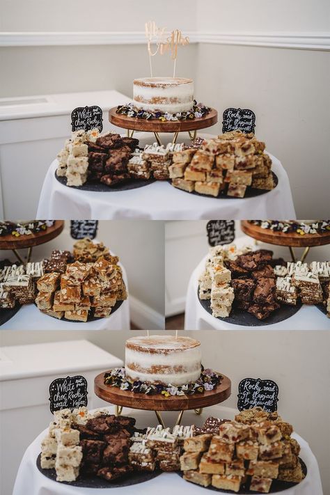 dessert table at Cottesmore golf club wedding in sussex Alternative Sweet Table Wedding, Wedding Cake Grazing Table, Cake Grazing Table, Wedding Dessert Instead Of Cake, Wedding Dessert Not Cake, Individual Wedding Cakes For Each Guest, Alternative Wedding Dessert Ideas, Cinnamon Roll Wedding Display, Wedding Cake And Donut Display