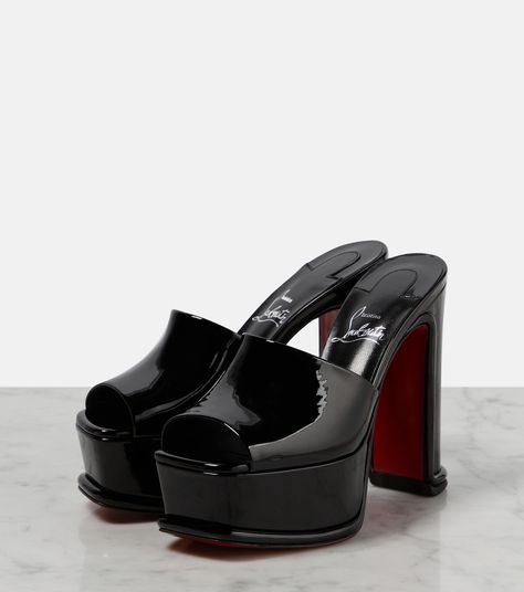 Amali Patent Leather Platform Mules in Black - Christian Louboutin | Mytheresa Louboutin Online, Platform Mules, Louboutin Heels, Christian Louboutin Women, Patent Leather Heels, Leather Mules, Sandal Fashion, Casual Sandals, Black Patent Leather