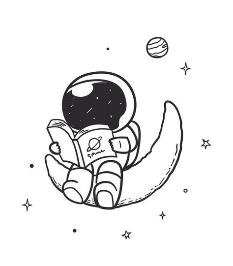 Drawing Related To Space, Solar System Cartoon Drawing, Easy Drawings With Steps, Tiny Astronaut Drawing, Simple Astronaut Drawing Easy, Drawing Ideas Space Theme, Cute Astronaut Drawing Easy, Line Art Astronaut, Astraunaut Drawings