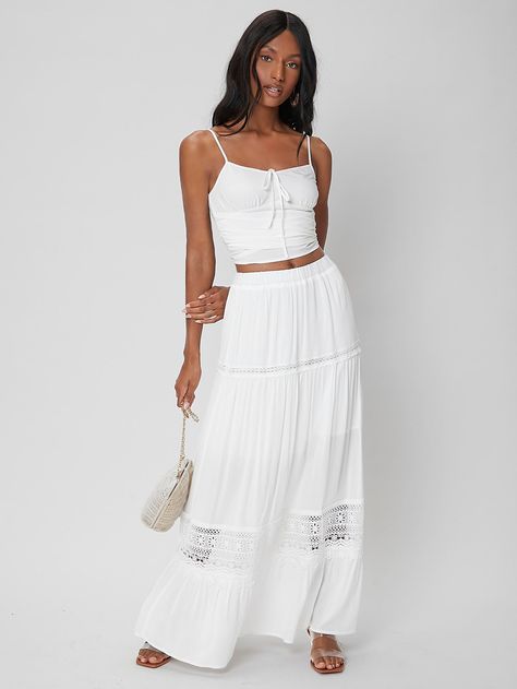 SHEIN Guipure Lace Insert Ruffle Hem Skirt | SHEIN USA White Boho Skirt, Cotton Maxi Skirt, Maxi Skirts Summer, Ruffle Hem Skirt, Cotton Maxi Skirts, Rock Outfit, Long Skirts For Women, Women Skirts, Boho Skirts