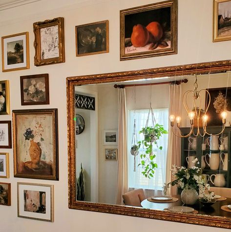 Vintage Mix Wall Of Gold Mirrors, Picture Frames Around Mirror, Wall Mirror Ideas Living Room Rectangle, Gold Mirror Hallway, Gallery Wall With Big Mirror, Square Mirror Decorating Ideas, Gold Mirror Wall Decor Living Room, Gold Mirror Above Couch, Large Mirror Gallery Wall