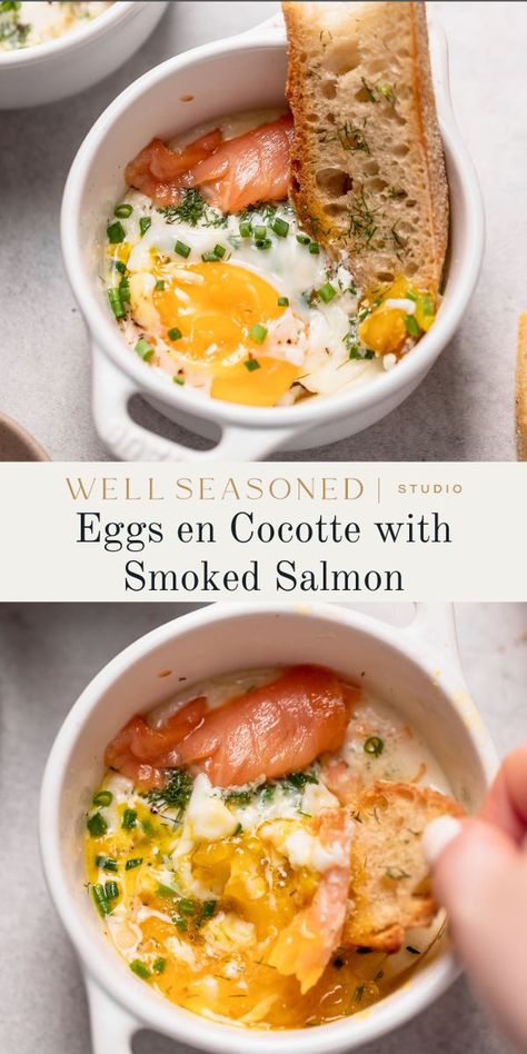 French Style Baked Eggs, Eggs Smoked Salmon, Jammy Egg Recipe, French Egg Breakfast, Eggs Salmon Breakfast, Egg And Smoked Salmon Breakfast, Cream Egg Recipes, Breakfast With Fish, Salmon Eggs Recipe