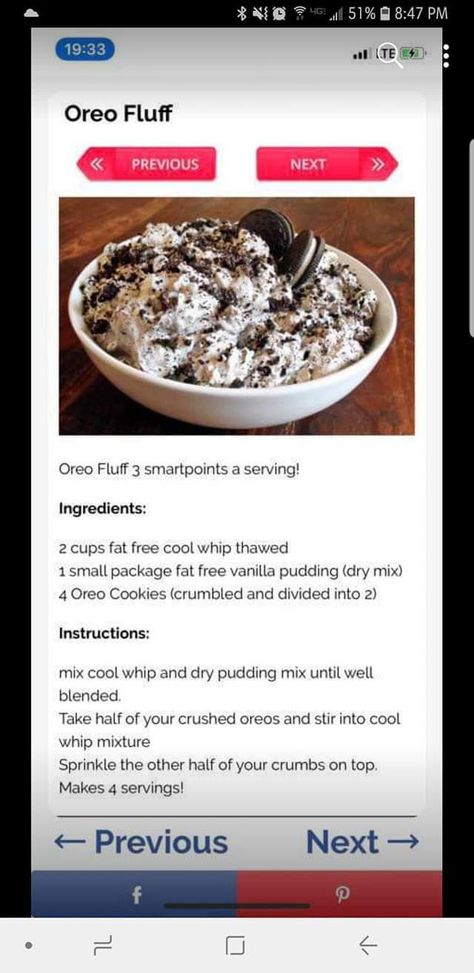 Oreo fluff Healthy Oreo Fluff, Weight Watchers Oreo Fluff, Low Calorie Oreo Fluff, Protein Oreo Fluff, Healthy Oreo Dessert, Oreo Fluff Recipe, Oreo Ideas, Protein Fluff, Healthy Dip Recipes