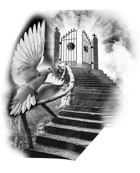 Heaven Stairway Tattoo, Sister In Heaven Tattoo, Stairway To Heaven Tattoo Design, Heavens Gates Tattoo Design, Gates Tattoo, Stairs To Heaven Tattoo, Gates Of Heaven Tattoo, Stairway To Heaven Tattoo, Tattoos For Siblings