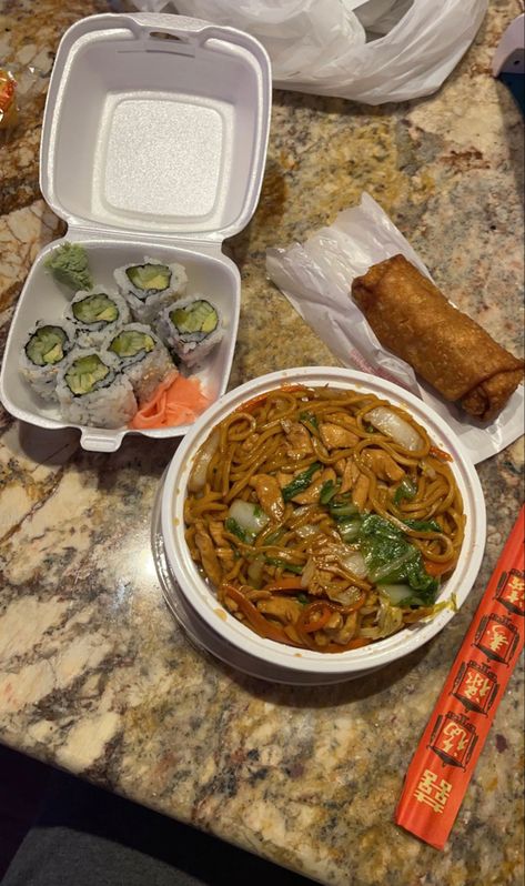 Chinese takeout of sushi, lo mein and an egg roll on a kitchen counter Take Out Aesthetic Food, Asian Takeout Aesthetic, Lo Mein Aesthetic, Egg Rolls Aesthetic, Chinese Food Aethstetic Take Out, Chinese Noodles Aesthetic, Egg Roll Aesthetic, Sushi Takeout Aesthetic, Chinese Dinner Aesthetic