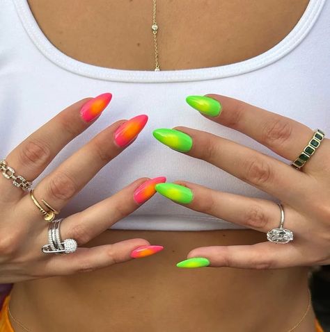 Neon Nails Inspiration, Summer Nails Green Neon, Pink And Green Neon Nails, Neon Pink Green Nails, Green And Pink Nail Art, Brat Summer Nails, Neon Nails 2024, Electric Green Nails, Neon Nails Designs Summer 2024