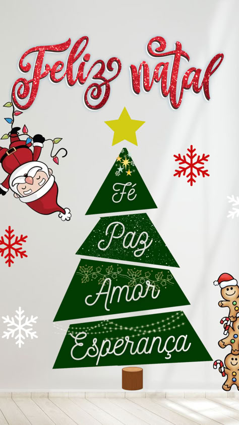 Painel de Natal Material em PDF (Imagem ilustrativa) Arquivo contém: Árvore de Natal com alguns dizeres :(paz , fé, amor e esperança) Letreiro (Feliz Natal) Biscoitos Flocos de neve E papai noel Tamanho aproximadamente 1,20 Mural, Christmas, Pins, Minions