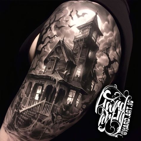 #hauntedhousetattoo #halloweentattoo #horrortattoo #blackandgreytattoo #spookytattoo #armtattoo #realistictattoo #darkart #inkspiration #uniquetattoo Haunted Mansion Tattoo Sleeve, Thirteen Ghosts Tattoo, Haunted House Tattoo Design, Gothic House Tattoo, Haunted Castle Tattoo, Scooby Tattoo, Mansion Tattoo, Haunted Mansion Tattoo, Haunted House Tattoo