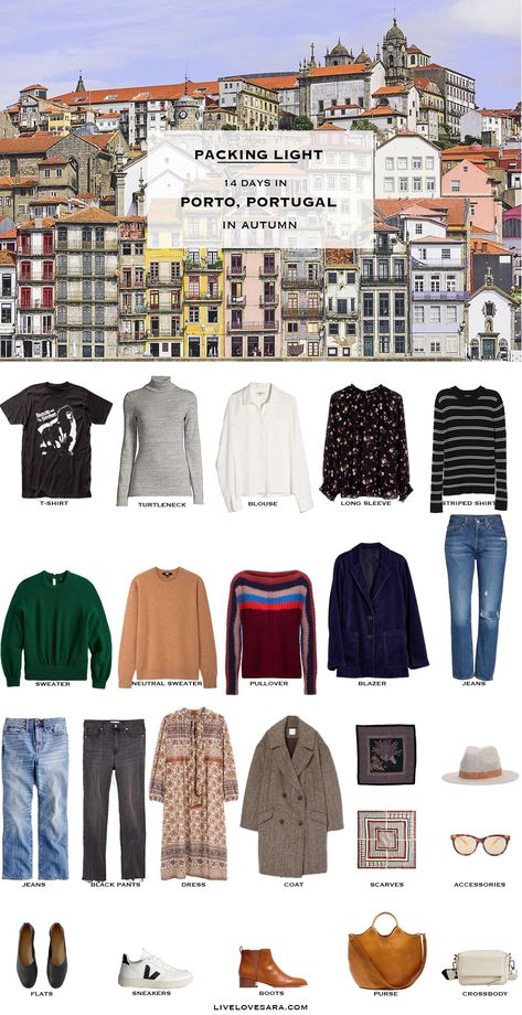 To help you pack for Portugal, I have created this packing list to help give you ideas of what kinds of pieces would work, with travel outfit ideas on how to wear them. Planning your Portugal travel capsule like this allows you to take the "I have nothing to wear" stress out of your travel. Packing For Portugal In The Fall, Portugal In November Outfits, Portugal In October Outfits, Portugal Packing List Fall, Portugal November Outfit, Lisbon Portugal Outfit Fall, What To Wear In Portugal In October, Portugal Fall Outfits, Porto Outfit