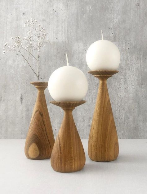 Easy Wood Turning Projects, Mid Century Modern Candle Holders, Candle Holders Wood, Wood Turned Candle Holders, Turned Candle Holders, Wooden Pillar Candle Holders, Woodturning Ideas, Woodturning Art, Marble Candle Holder