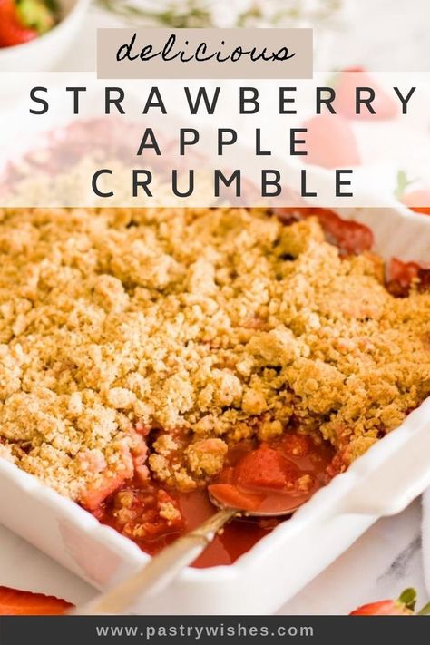 strawberry apple crumble in a white baking dish Strawberry And Apple Crumble, Pie, Strawberry Apple Dessert, Strawberry Apple Crumble, Apple Strawberry Crumble, Strawberry Apple Recipes, Apple And Strawberry Crumble, Apple And Strawberry Recipes, Apple Strawberry Crisp