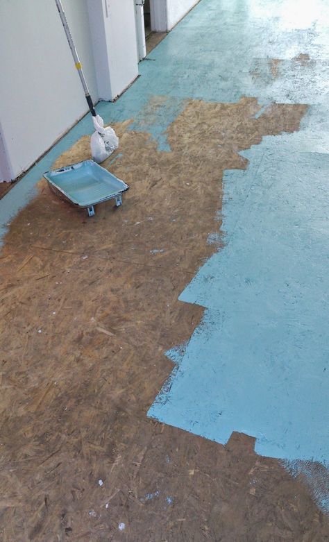 DIY Painted Particle Board Floor (Mmmm, Teal) | Dans le Lakehouse Wood Stain Ideas Diy, Wallpaper On Floor Diy, Chipboard Flooring Ideas, Painted Chipboard Floors, Painting Subflooring Ideas Diy, Cheap Flooring Ideas Diy Budget, Teal Basement, Cool Flooring Ideas, Floor Painting Ideas