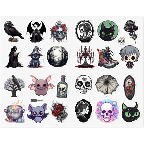 Add a touch of Gothic and Emo aesthetics to your personal items with our unique sticker sheet. This collection features 24 distinct 2'' stickers, each reflecting the bold vibes of Emo, Goth, and Punk subcultures. Perfect for customizing your laptop, notebooks, phone case, water bottle, skateboard, and more. Explore our range and make a bold statement today. #GothicStickers #EmoStickers #PunkStickers #Personalization #UniqueStyle #BoldAesthetics Emo Stickers, Punk Subculture, Gothic Emo, Unique Sticker, Emo Goth, Cool Stickers, Sticker Sheet, Sticker Sheets, Stones And Crystals