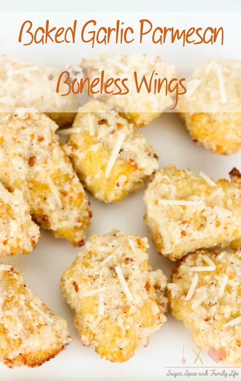 Homemade Boneless Chicken Wings, Boneless Wings Recipe, Boneless Wing Recipes, Baked Chicken Pieces, Boneless Chicken Wings, Oven Baked Chicken Parmesan, Baked Chicken Nuggets, Garlic Parmesan Sauce, Boneless Wings