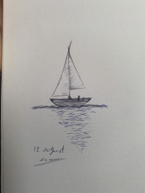 Sail Boat Sketches, Boat Reference Drawing, Easy Sailboat Drawing, Sailboat Sketch Simple, Simple Sail Boat Drawing, Boat Sketch Simple, Wave Sketch Simple, Ship Easy Drawing, Sailboat Drawing Simple