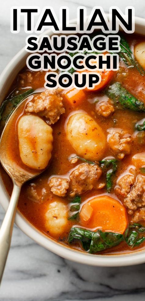 a bowl of soup with a spoon and text overlay that reads italian sausage gnocchi soup Dairy Free Gnocchi Recipes, Italian Sausage Gnocchi Soup, Gnocchi And Vegetables, Italian Sausage Gnocchi, Sausage Gnocchi Soup, Sausage Gnocchi, Ground Sausage Recipes, Crock Pot Vegetables, Gnocchi Recipes Soup