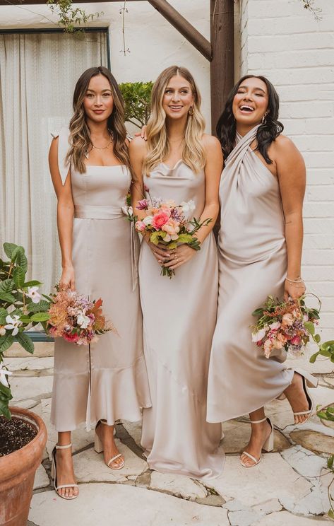 Tuscany Maxi Slip Dress ~ Show Me The Ring Luxe Satin | Show Me Your Mumu Beige Bridesmaid Dress, Beige Bridesmaids, Silk Bridesmaid Dresses, How Many Bridesmaids, Mumu Wedding, Neutral Bridesmaid Dresses, Bridesmaid Dresses Satin, Champagne Bridesmaid Dresses, Champagne Bridesmaid